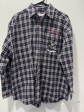 Disney Men’s Navy, White & Red Plaid Button-Down Shirt with Mickey Embroidery